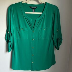 Ladies Emerald green blouse. Size Medium.  Gold colored buttons
